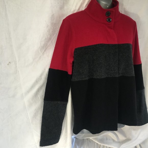 Karl Lagerfeld Jacket Sweater Womens Small Color Block Boiled Wool Black Red - Picture 5 of 15